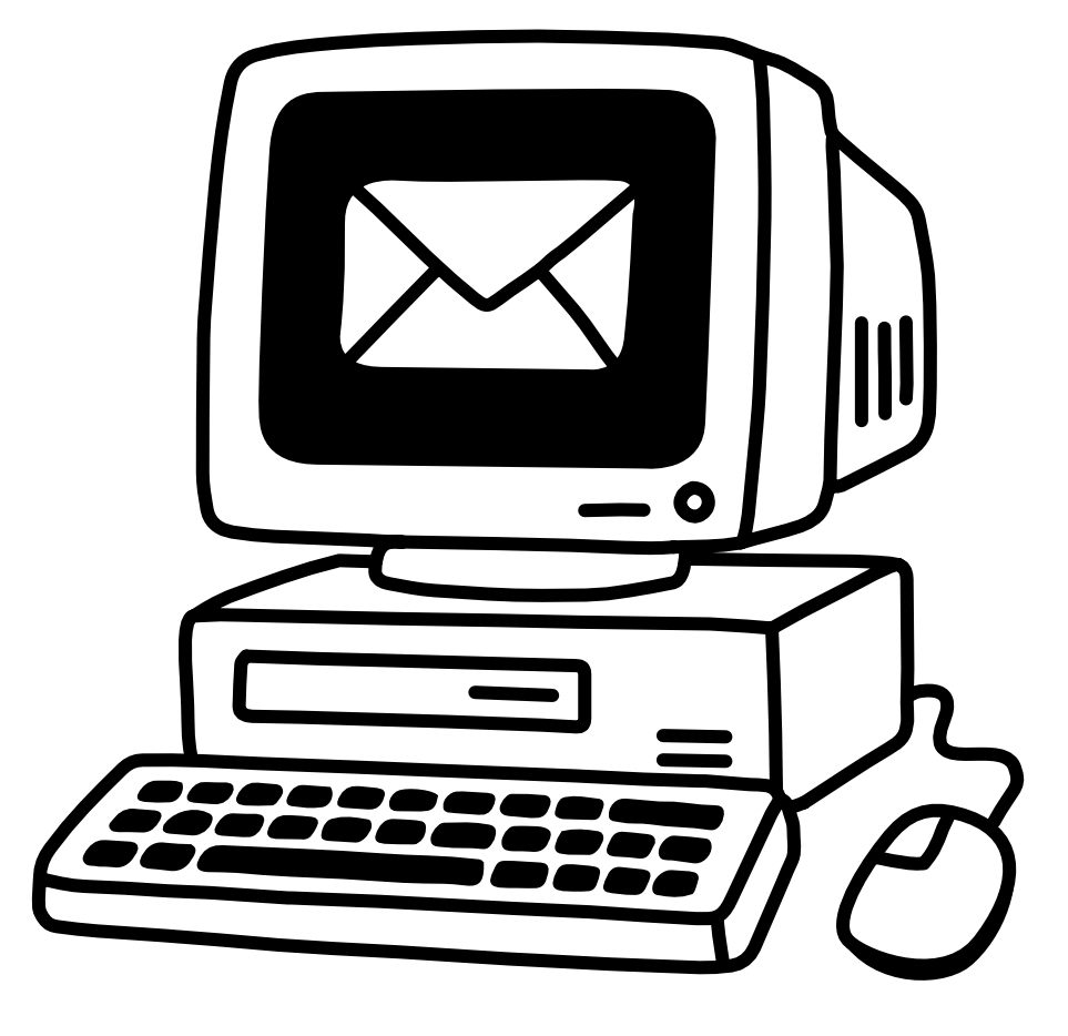 Illustration of a retro desktop computer setup with a CRT monitor showing an envelope icon, keyboard, mouse, and floppy disk drive.