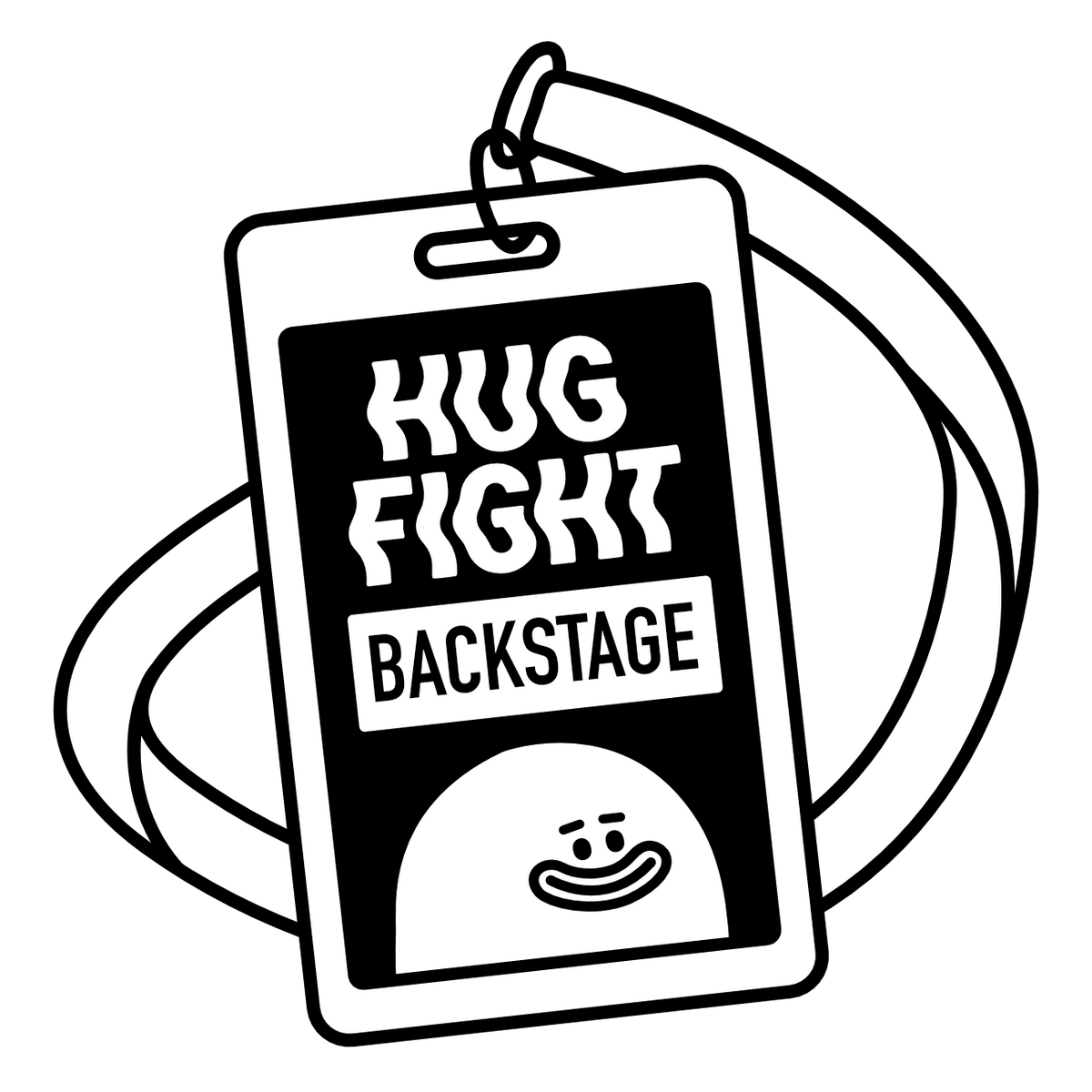 A Hug Fight Backstage pass on a lanyard, featuring Bixby’s smiling face.
