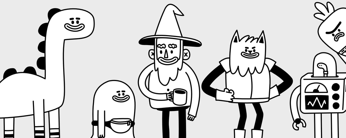 Black and white cartoon illustration featuring a group of whimsical characters including a long-necked dinosaur, a wizard, a cat-like figure, and a robot on a light gray background.