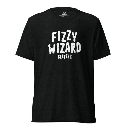 Front view of a black T-shirt with “Fizzy Wizard Seltzer” printed in wavy white lettering.