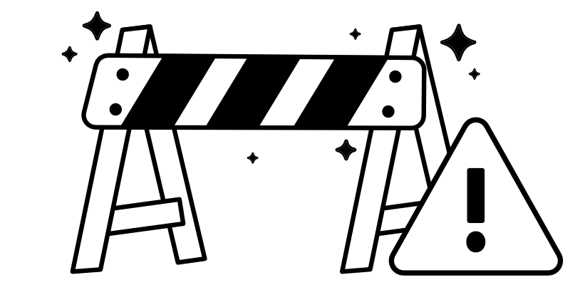 A striped construction barricade surrounded by sparkling stars, with a triangular exclamation-mark sign beside it.