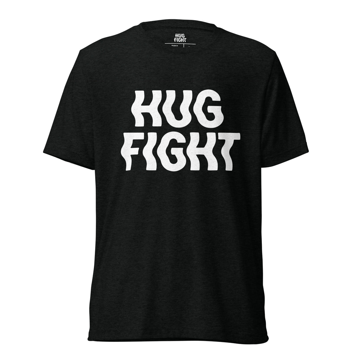 Front view of a black T-shirt with the Hug Fight logo in bold, wavy white lettering.