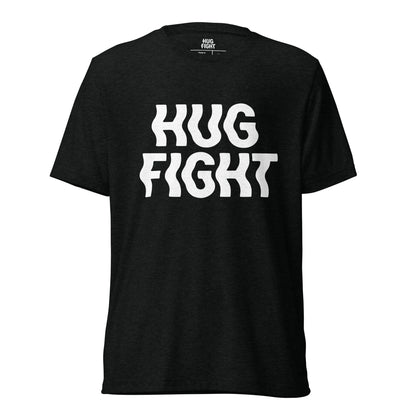 Front view of a black T-shirt with the Hug Fight logo in bold, wavy white lettering.