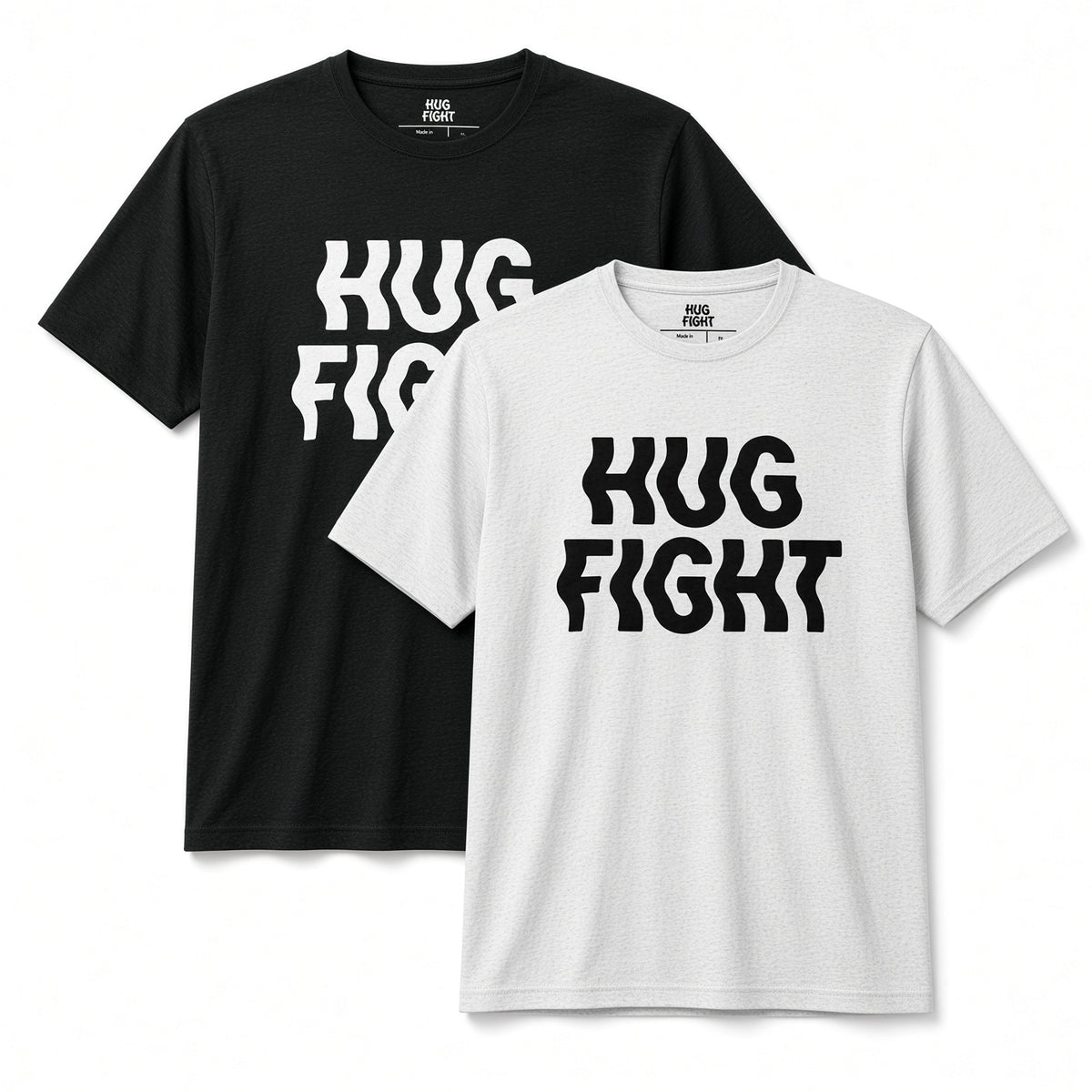 Black and white Hug Fight T-shirts with the wavy logo printed across the chest in contrasting colors.
