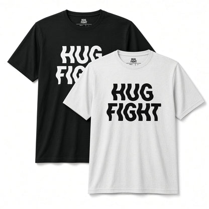 Black and white Hug Fight T-shirts with the wavy logo printed across the chest in contrasting colors.