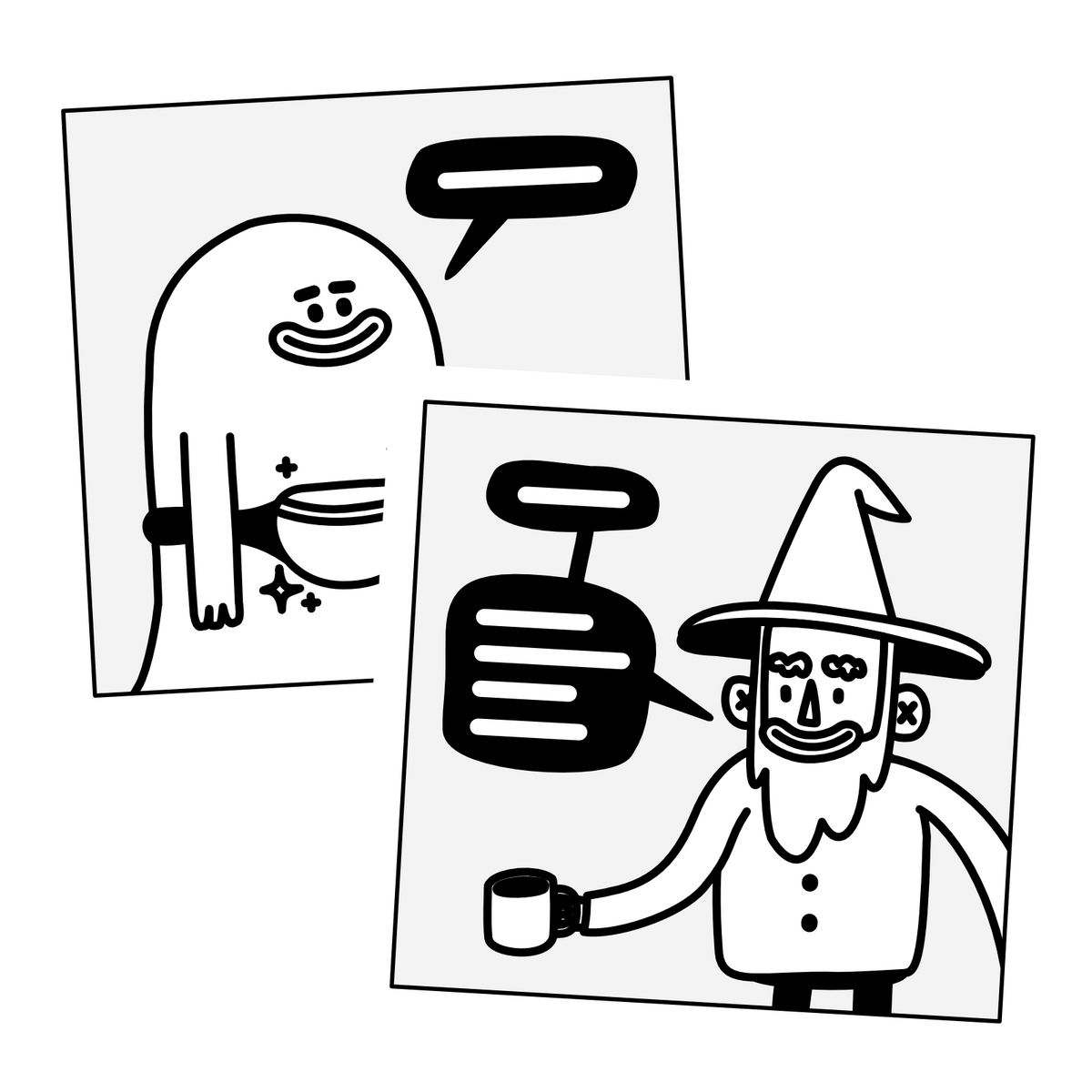 Two overlapping comic panels featuring Bixby with his fanny pack and Wembley holding a mug, both with speech balloons.